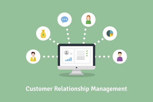 Customer Relationship Management vector illustration. Flat icons of accounting system, clients, support, deal. Organization of data on work with clients, CRM concept.